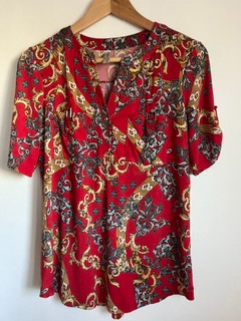 🧡3/$15 PerSeption Concept Red Short Sleeve Baroque Paisley Blouse Women's S